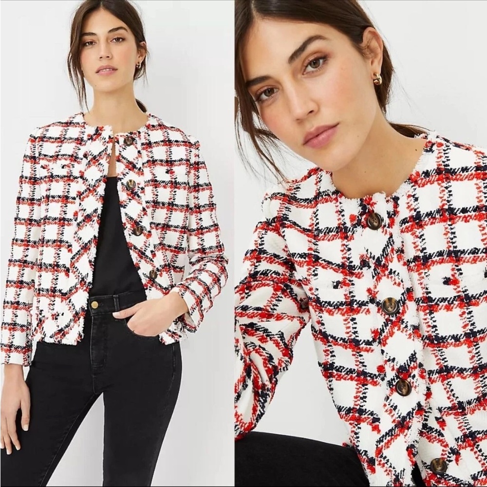 Ann Taylor Plaid Fringe Tweed Blazer Coat Patriotic Red White and Blue Size 16